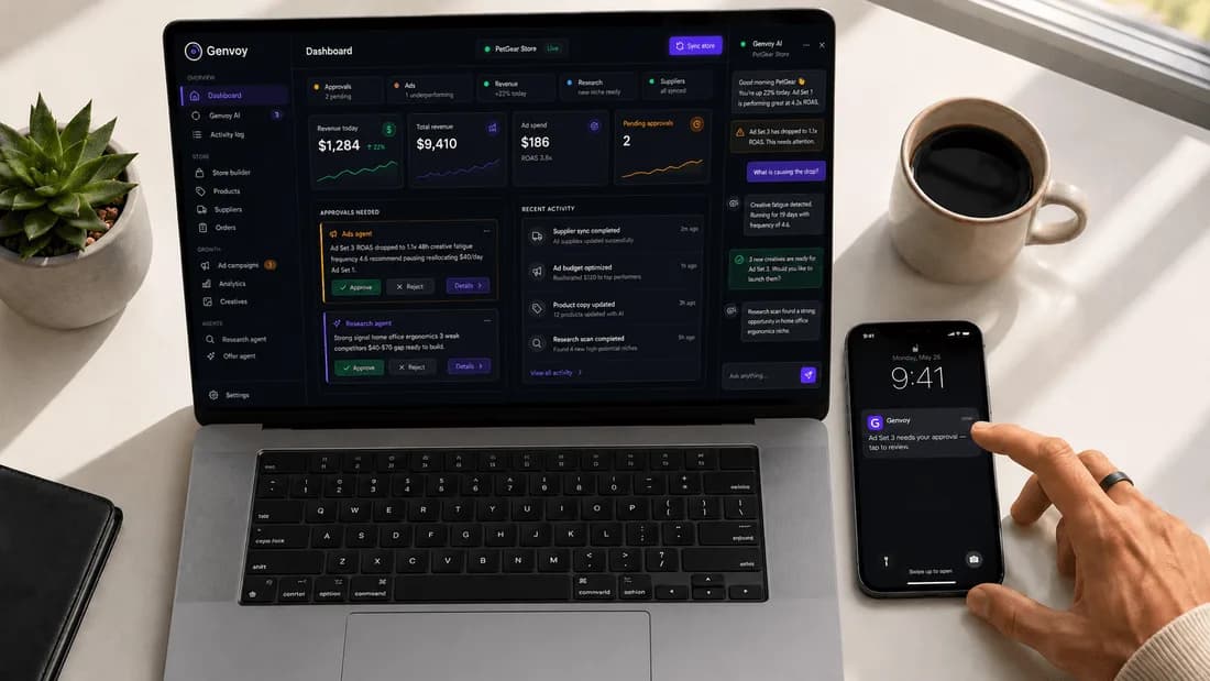Genvoy notification on phone and laptop showing approval workflow